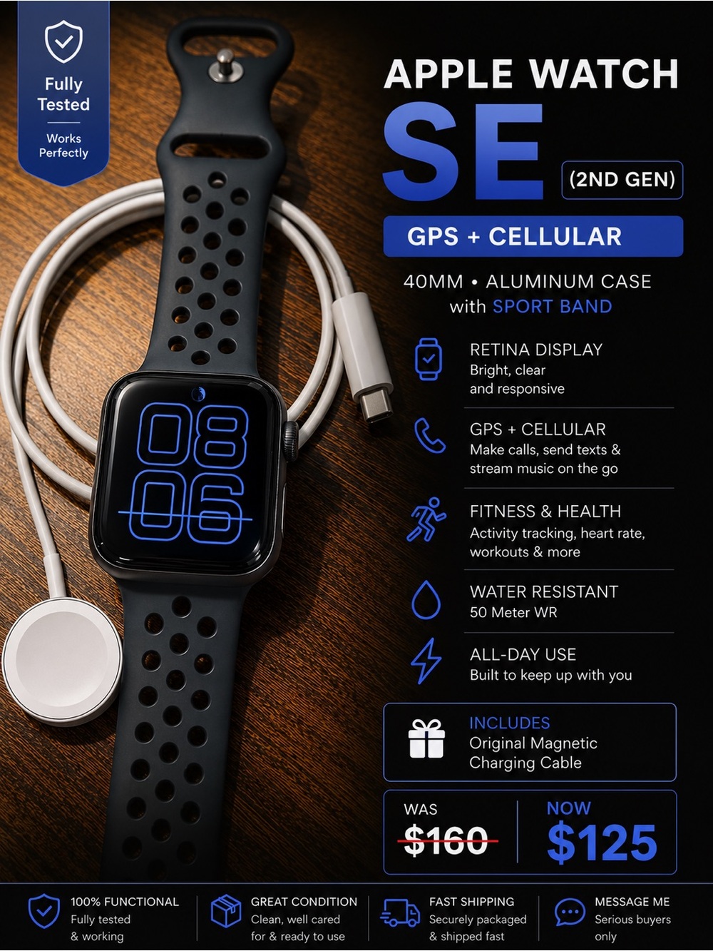 Apple Watch SE (2nd Gen) Black Sport Band with Magnetic Charger
